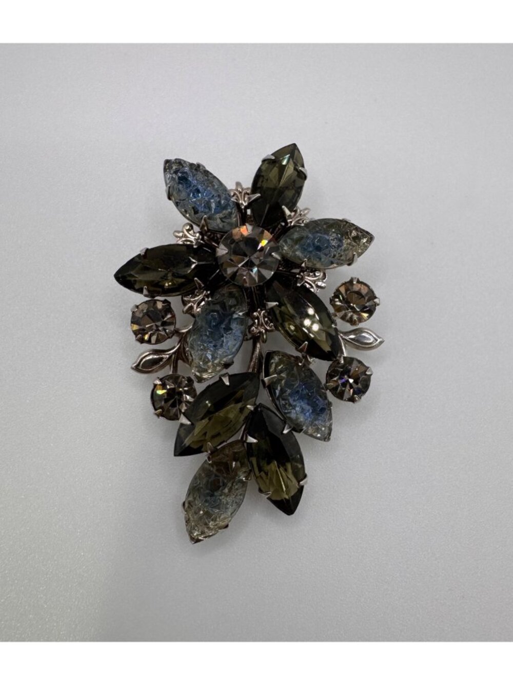 Vintage Smoky Rhinestone & Blue Crackle Molded Glass Givre Brooch Silver Tone